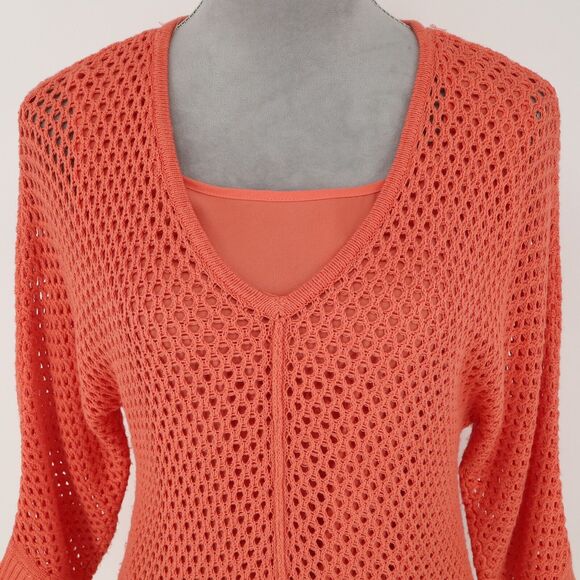 Chicos Sweater 0 Womens 4 Small Orange Fishnet Lined Tunic Rayon 3/4 Sleeve - Picture 7 of 12